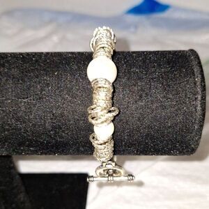 A Faux Pearl Silver Tone Rings Women's Bracelet Bohemian Iridescent Office Siren
